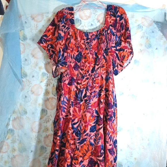 Terra Sky Boho Pink Red Blue Short Sleeve Print Dress 5X - Picture 4 of 5